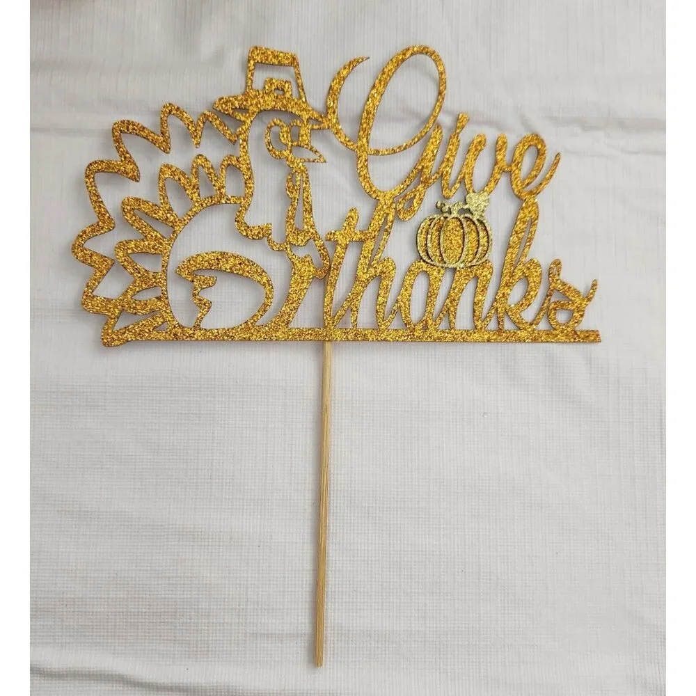 Thanksgiving Cake Topper Turkey Gift Thanks Pumpkin Family Dinner Gold Sparkle